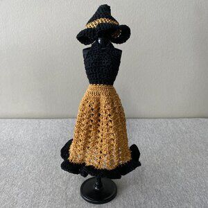 Handmade Crochet Halloween Black Gold Witch Outfit for 29cm Doll 2-Piece Set
